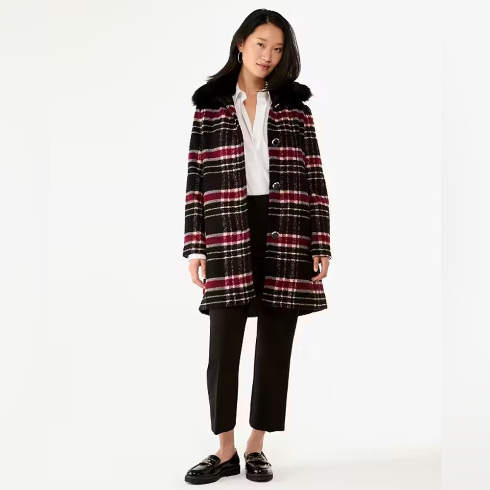 NWOT Kate Spade Wool Plaid Fur Collar Coat